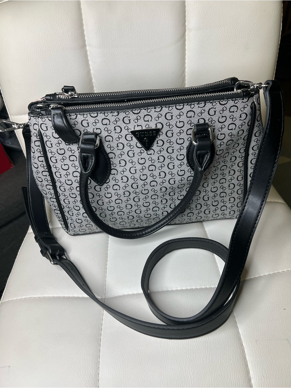 Guess Gray Logo-Print Crossbody with Black Trim